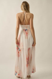 Painted Peonies Floral Chiffon Halter Maxi Dress - ShopPromesa