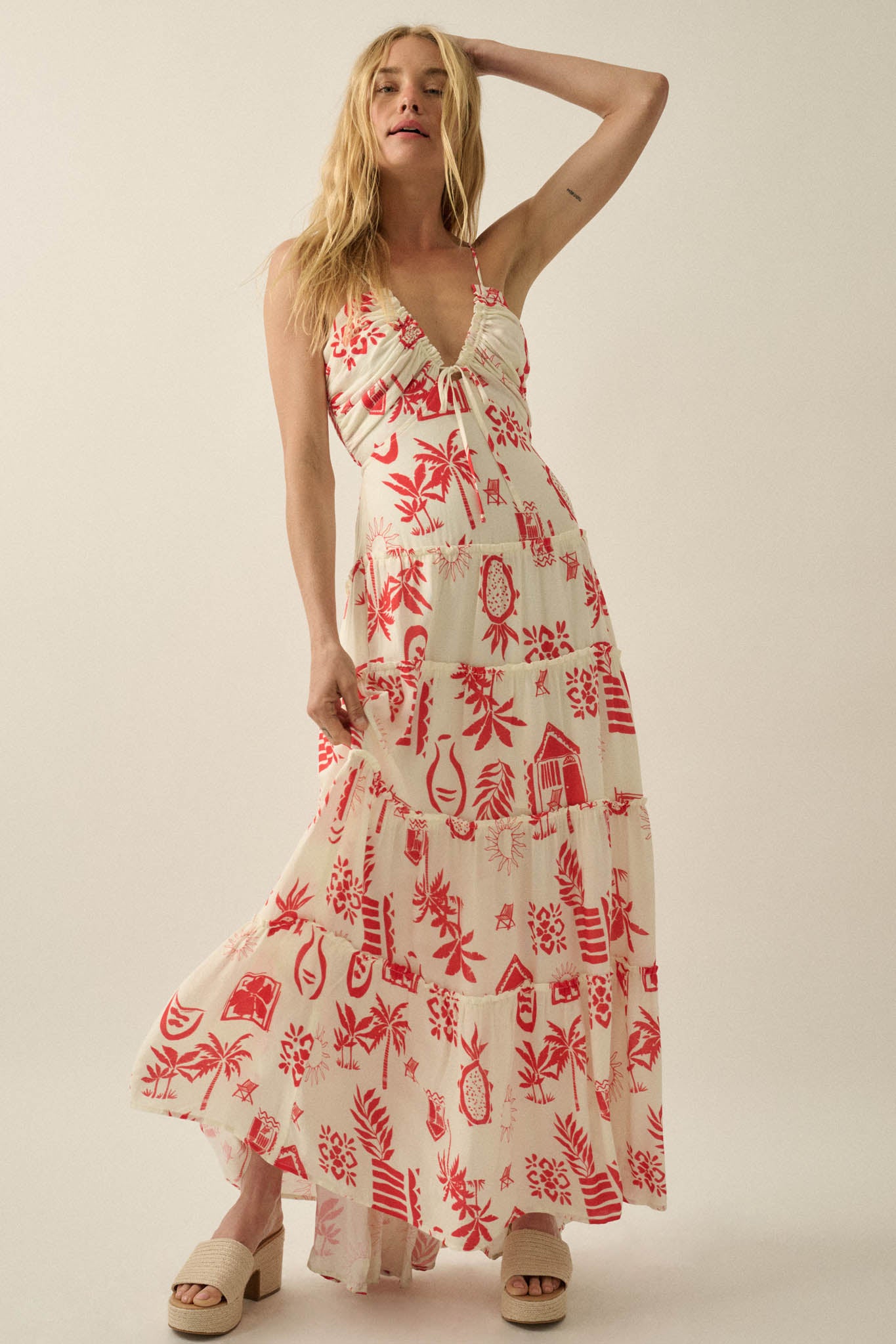 Sunny Shores Tiered Ruffle Tie-Front Maxi Dress - ShopPromesa