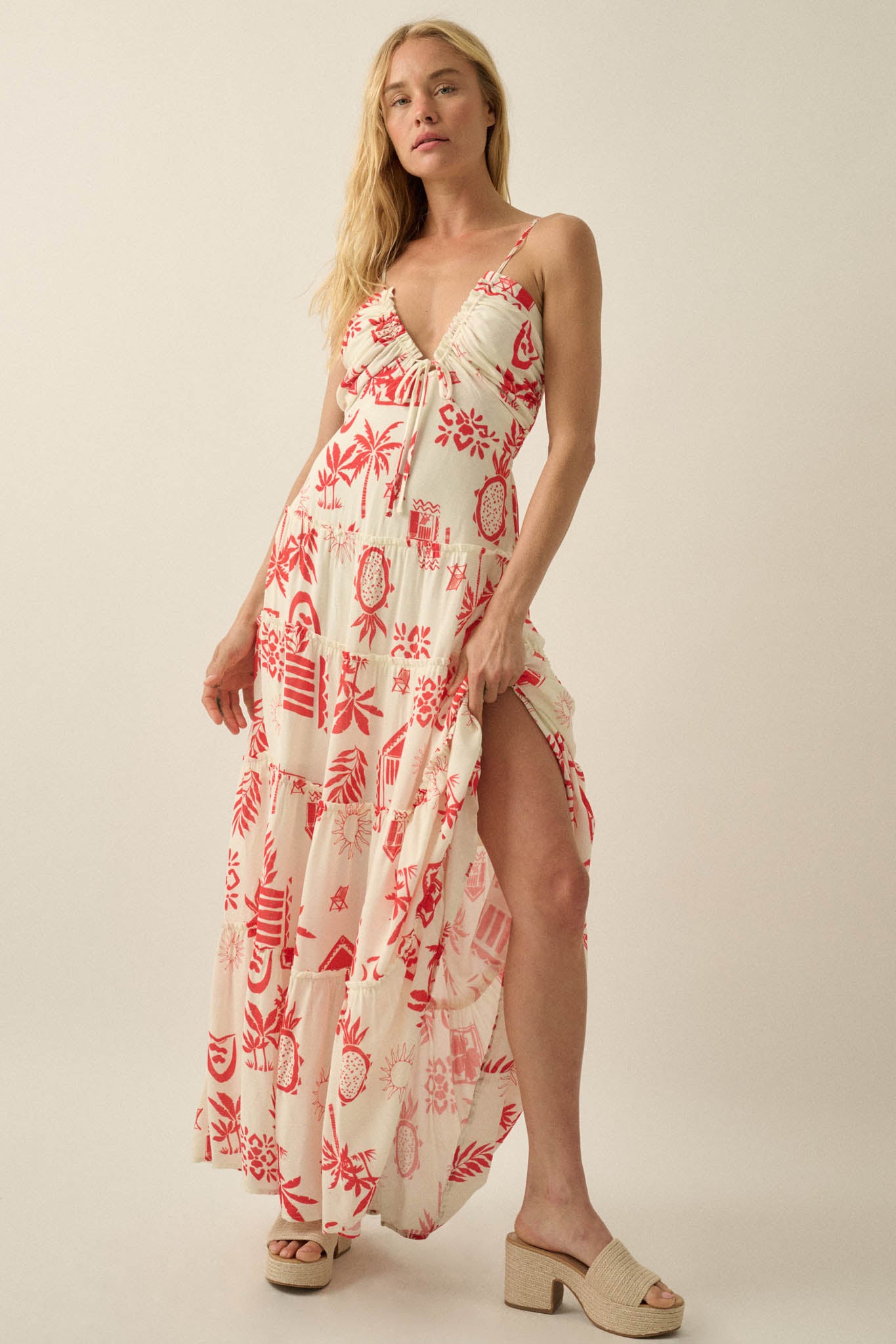 Sunny Shores Tiered Ruffle Tie-Front Maxi Dress - ShopPromesa