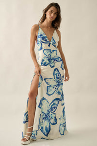 Azure Blossoms Floral Satin Open-Back Maxi Dress - ShopPromesa