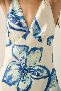 Azure Blossoms Floral Satin Open-Back Maxi Dress - ShopPromesa