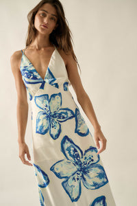 Azure Blossoms Floral Satin Open-Back Maxi Dress - ShopPromesa