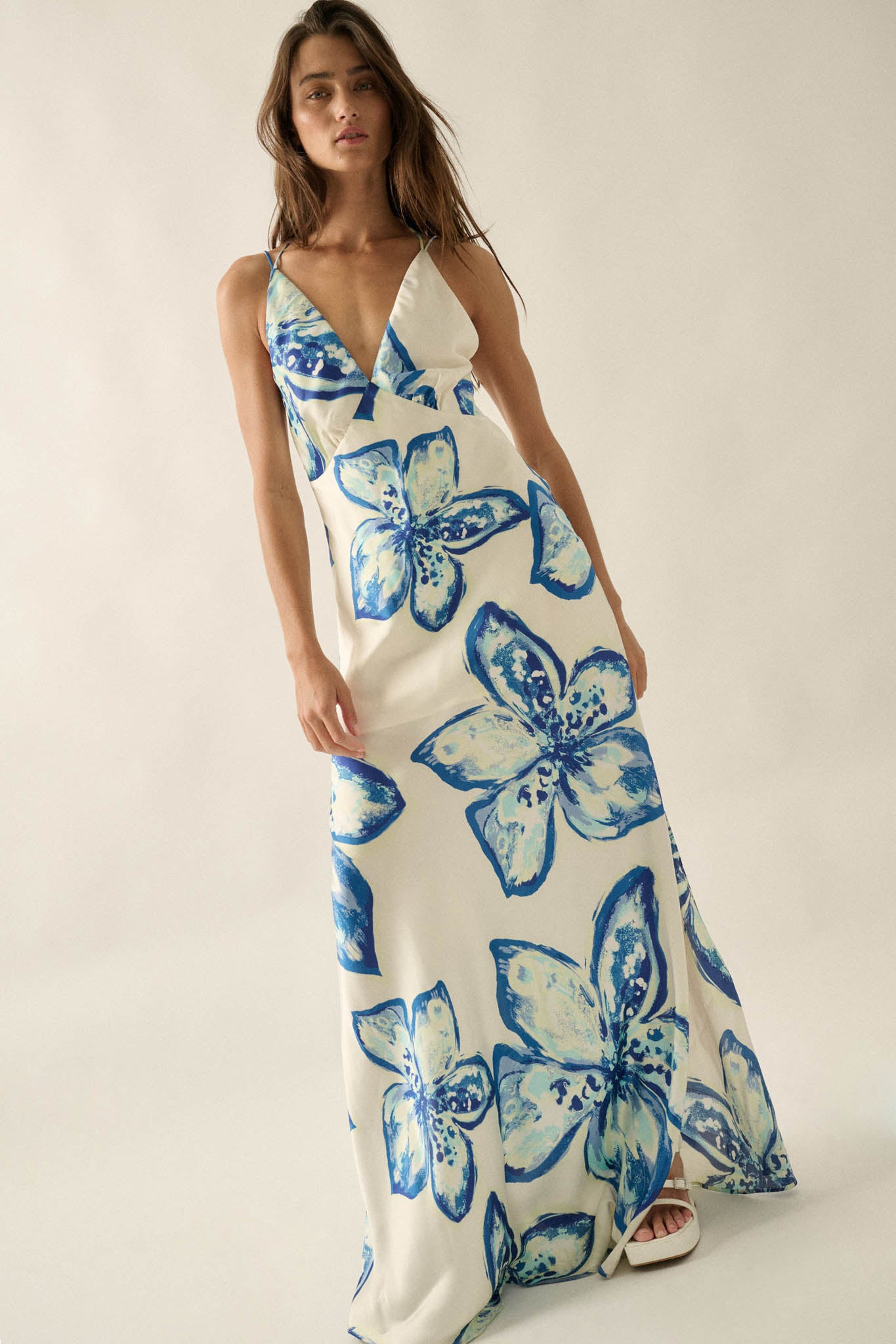 Azure Blossoms Floral Satin Open-Back Maxi Dress - ShopPromesa