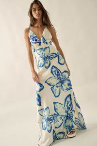 Azure Blossoms Floral Satin Open-Back Maxi Dress - ShopPromesa