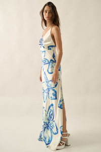 Azure Blossoms Floral Satin Open-Back Maxi Dress - ShopPromesa