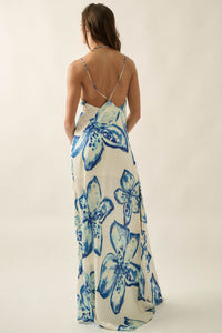 Azure Blossoms Floral Satin Open-Back Maxi Dress - ShopPromesa