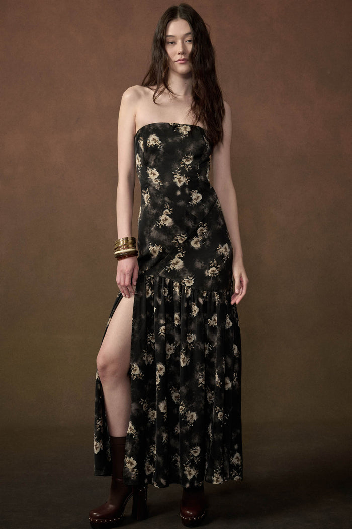 Slow Dance Floral Satin Strapless Maxi Dress - ShopPromesa
