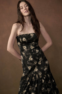 Slow Dance Floral Satin Strapless Maxi Dress - ShopPromesa