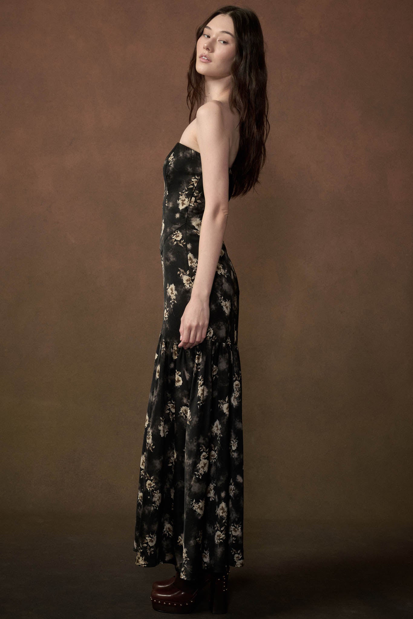 Slow Dance Floral Satin Strapless Maxi Dress - ShopPromesa