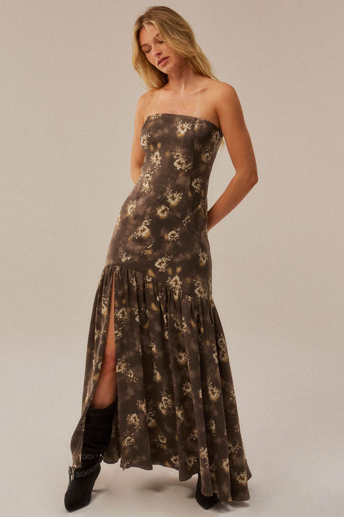 Slow Dance Floral Satin Strapless Maxi Dress - ShopPromesa