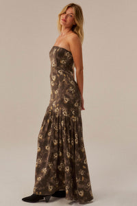Slow Dance Floral Satin Strapless Maxi Dress - ShopPromesa