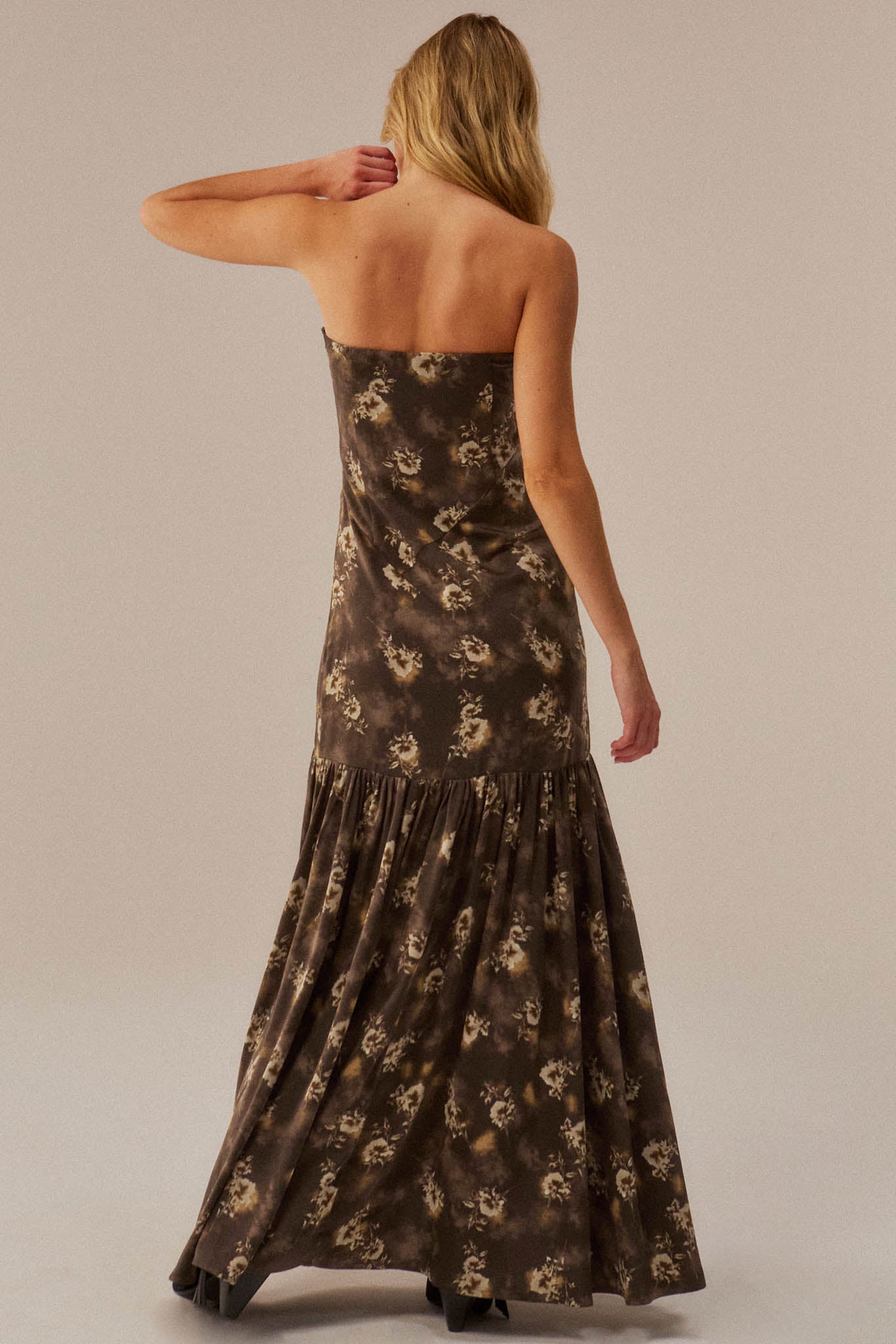 Slow Dance Floral Satin Strapless Maxi Dress - ShopPromesa