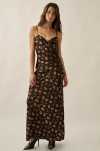 Falling Flowers Floral Satin Tie-Front Maxi Slip Dress - ShopPromesa
