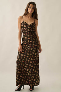 Falling Flowers Floral Satin Tie-Front Maxi Slip Dress - ShopPromesa