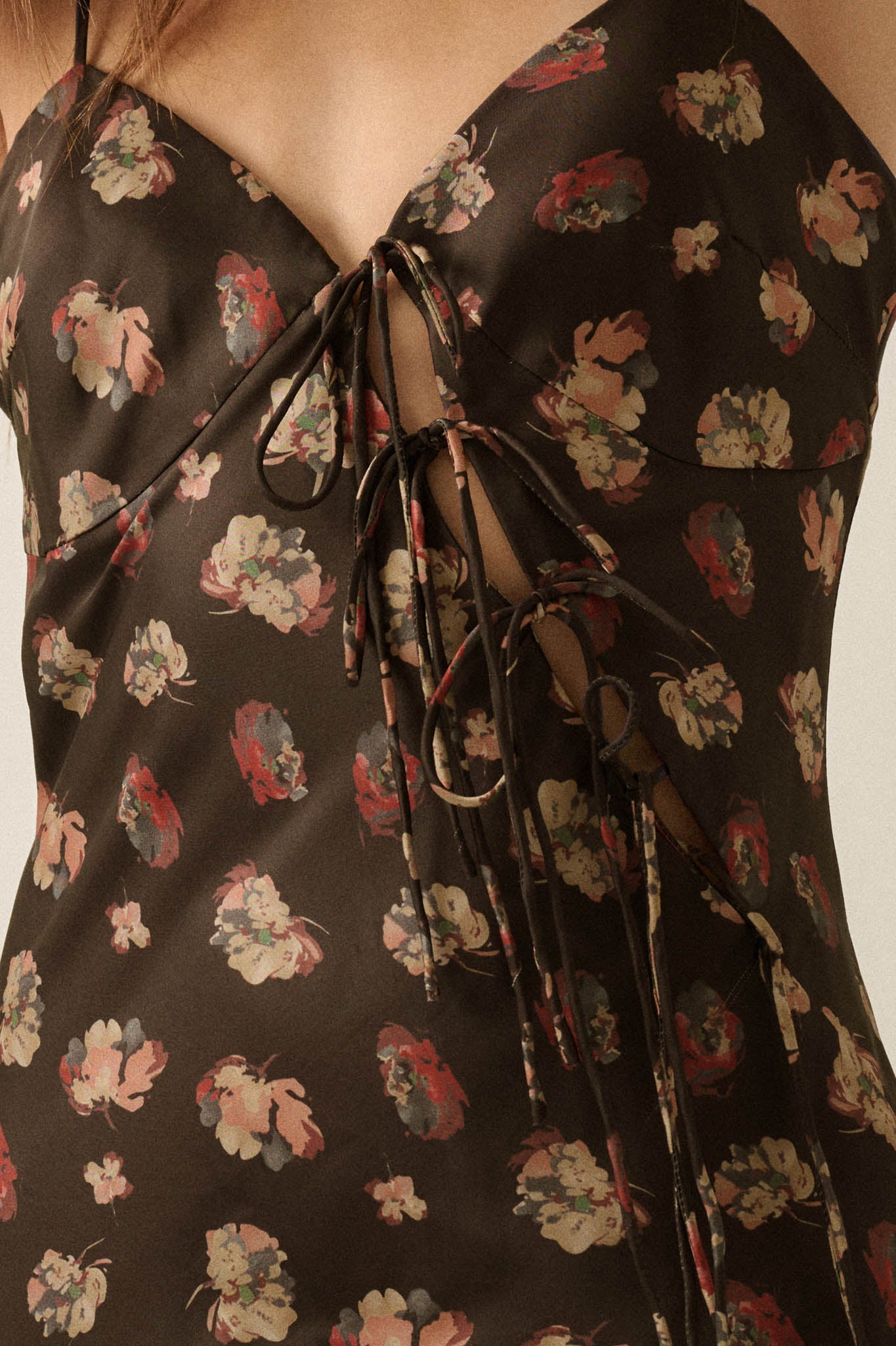 Falling Flowers Floral Satin Tie-Front Maxi Slip Dress - ShopPromesa