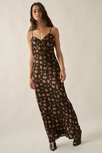 Falling Flowers Floral Satin Tie-Front Maxi Slip Dress - ShopPromesa