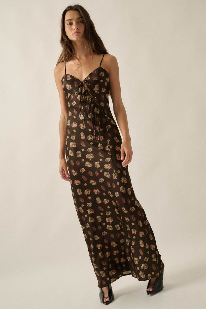 Falling Flowers Floral Satin Tie-Front Maxi Slip Dress - ShopPromesa