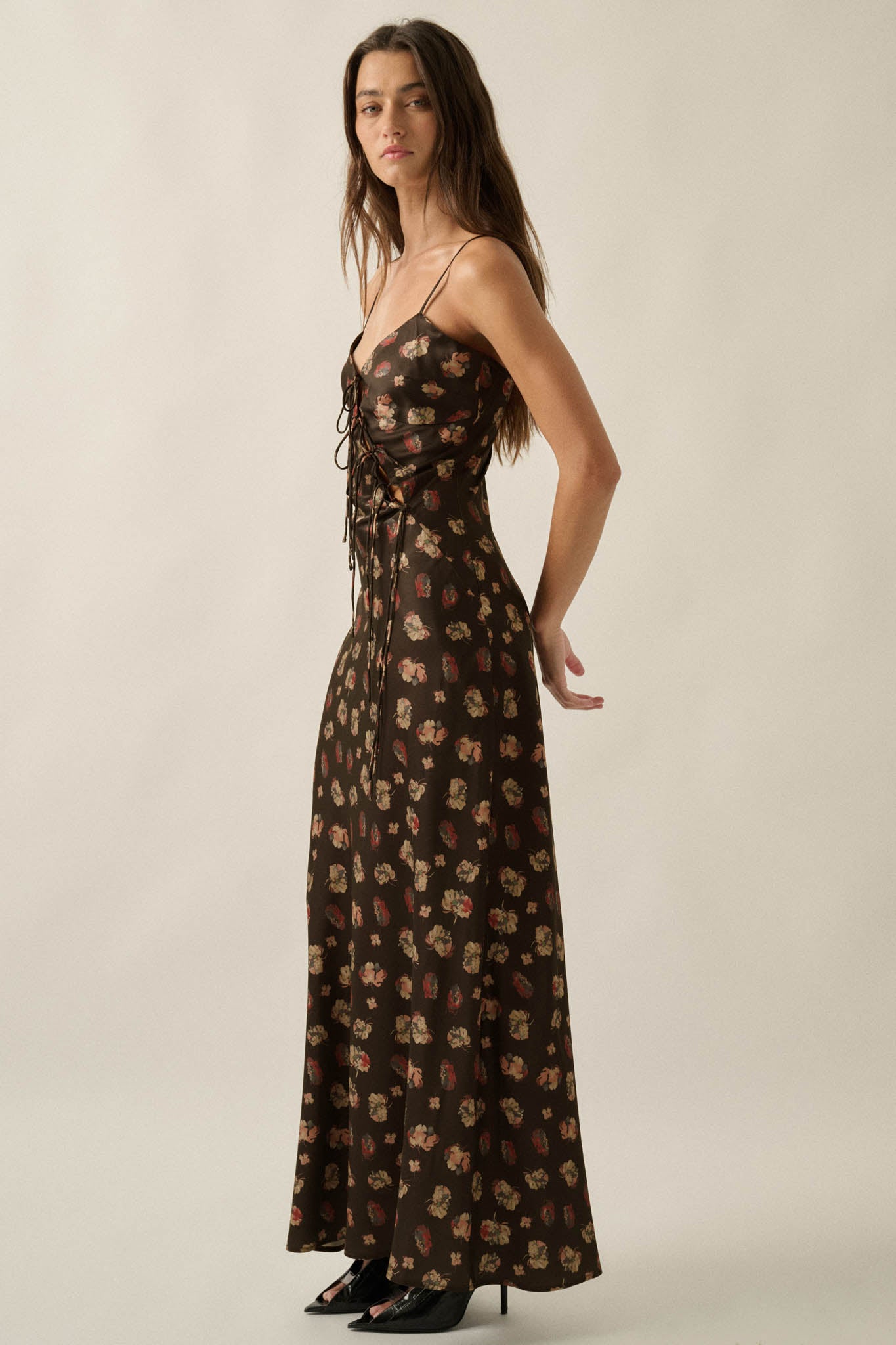 Falling Flowers Floral Satin Tie-Front Maxi Slip Dress - ShopPromesa