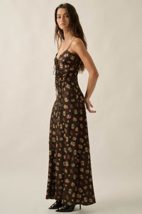 Falling Flowers Floral Satin Tie-Front Maxi Slip Dress - ShopPromesa