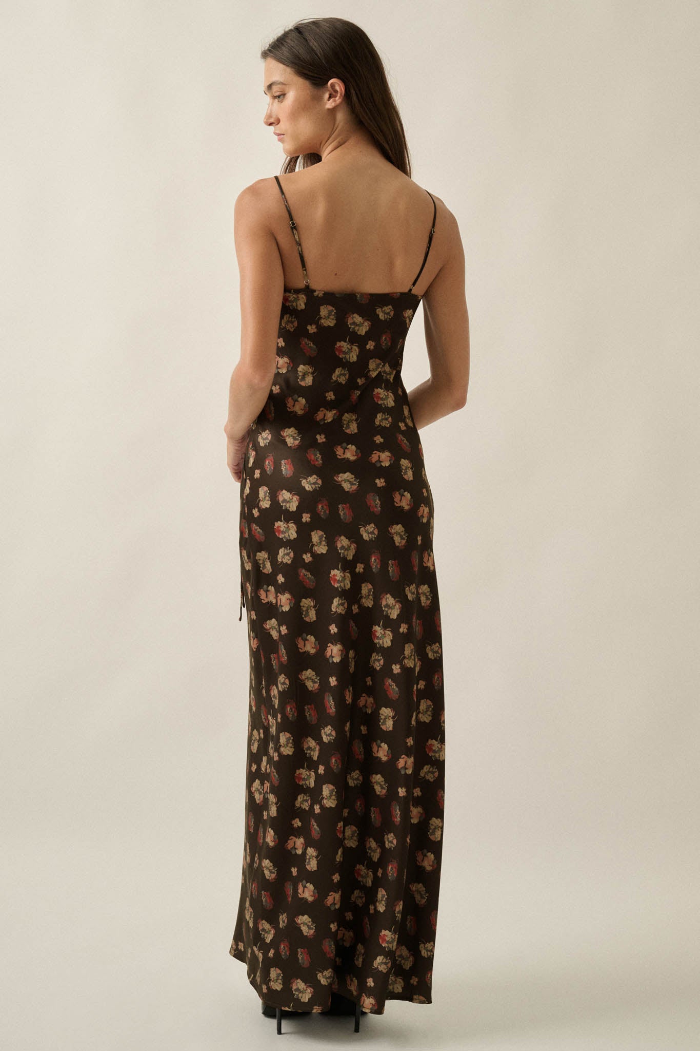 Falling Flowers Floral Satin Tie-Front Maxi Slip Dress - ShopPromesa