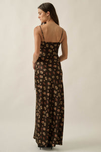 Falling Flowers Floral Satin Tie-Front Maxi Slip Dress - ShopPromesa