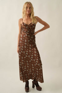 Falling Flowers Floral Satin Tie-Front Maxi Slip Dress - ShopPromesa