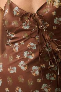 Falling Flowers Floral Satin Tie-Front Maxi Slip Dress - ShopPromesa