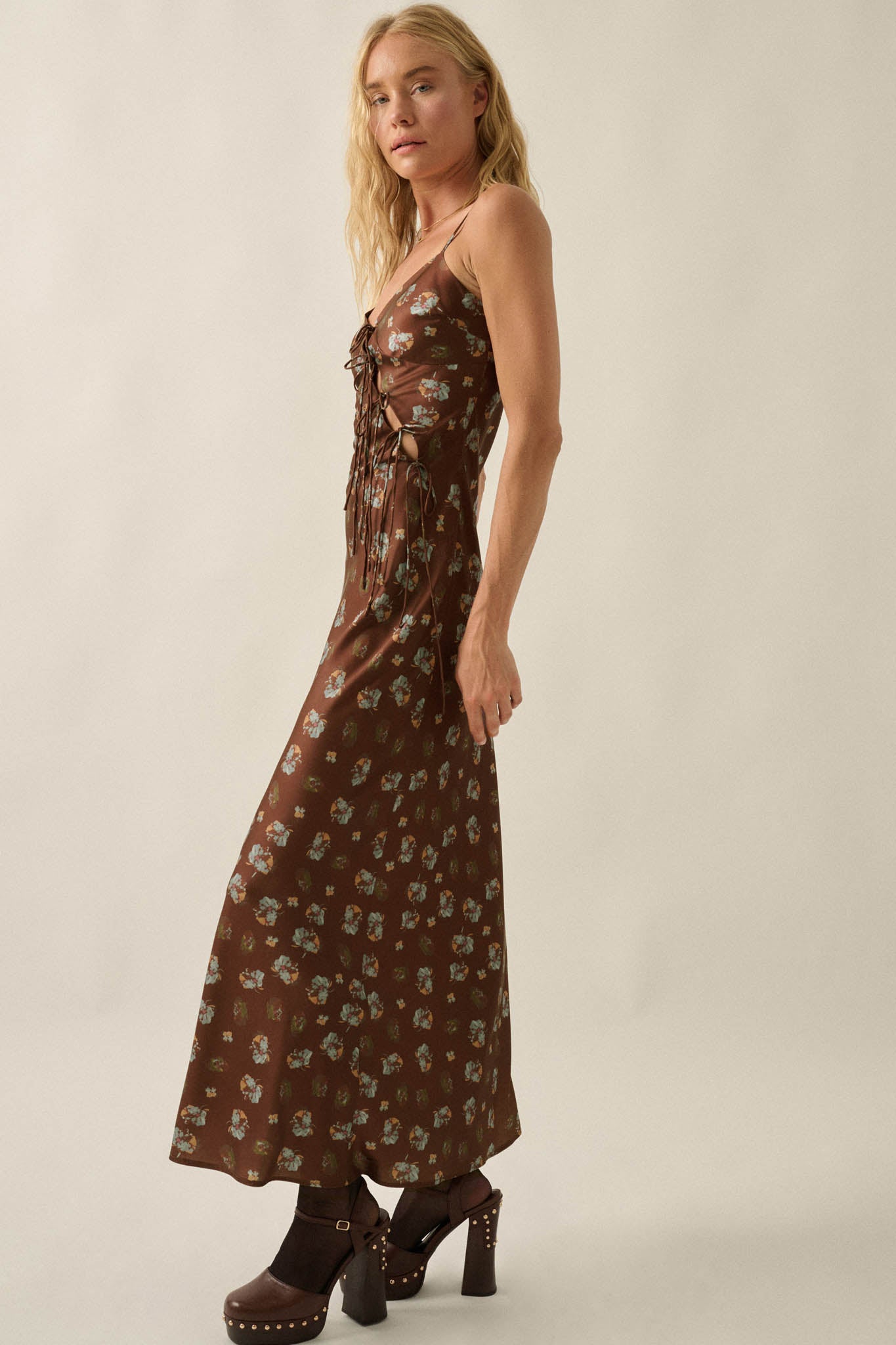 Falling Flowers Floral Satin Tie-Front Maxi Slip Dress - ShopPromesa