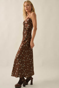 Falling Flowers Floral Satin Tie-Front Maxi Slip Dress - ShopPromesa