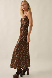 Falling Flowers Floral Satin Tie-Front Maxi Slip Dress - ShopPromesa