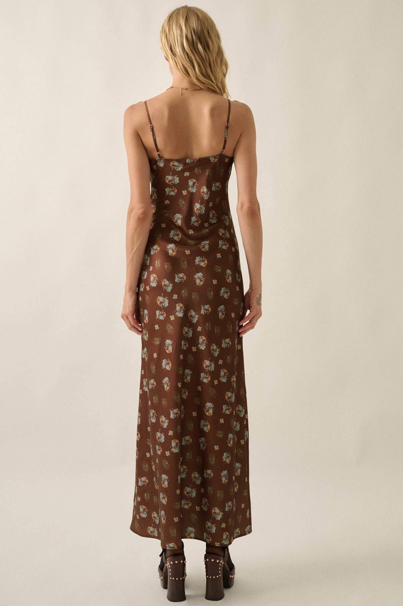 Falling Flowers Floral Satin Tie-Front Maxi Slip Dress - ShopPromesa