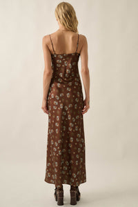 Falling Flowers Floral Satin Tie-Front Maxi Slip Dress - ShopPromesa