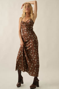 Falling Flowers Floral Satin Tie-Front Maxi Slip Dress - ShopPromesa