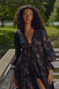 Autumn Storm Floral Chiffon High-Low Midi Dress - ShopPromesa