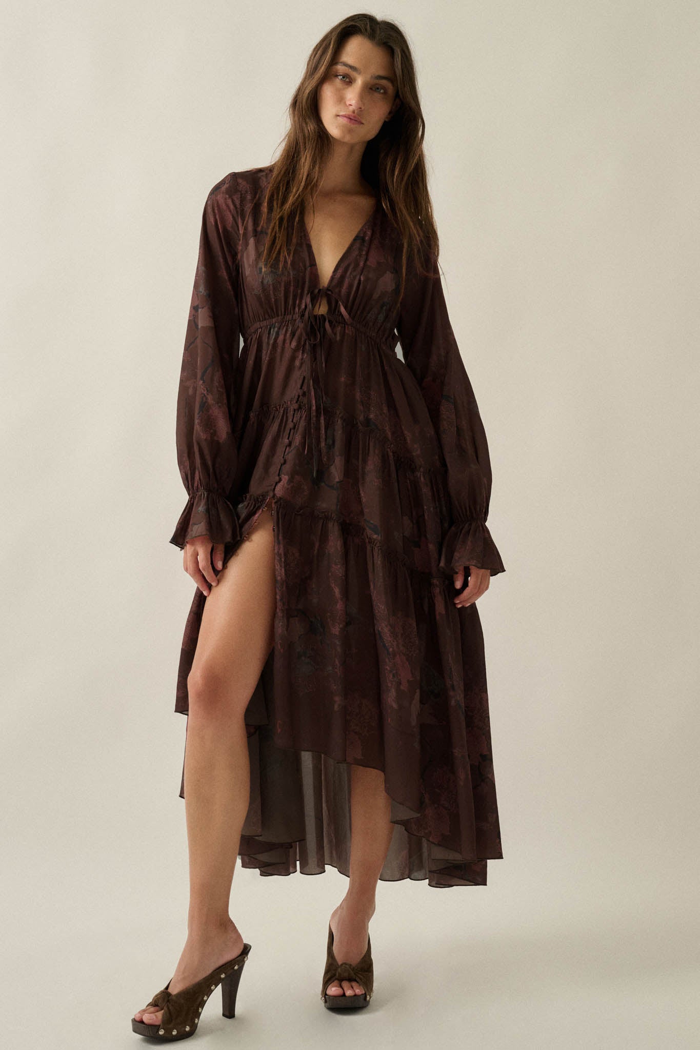 Autumn Storm Floral Chiffon High-Low Midi Dress - ShopPromesa