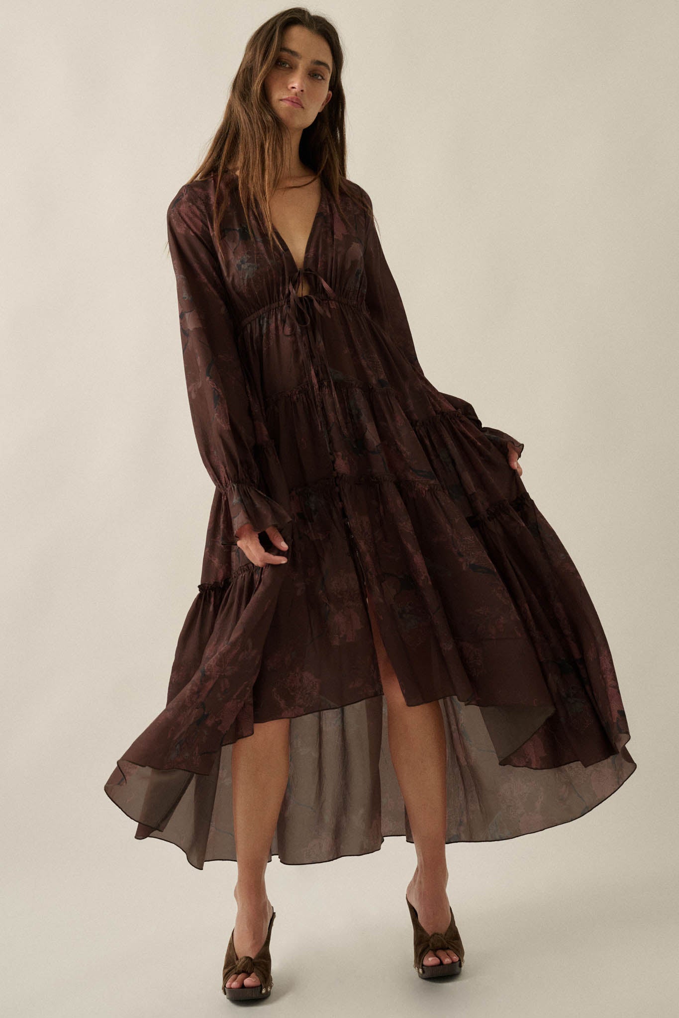 Autumn Storm Floral Chiffon High-Low Midi Dress - ShopPromesa