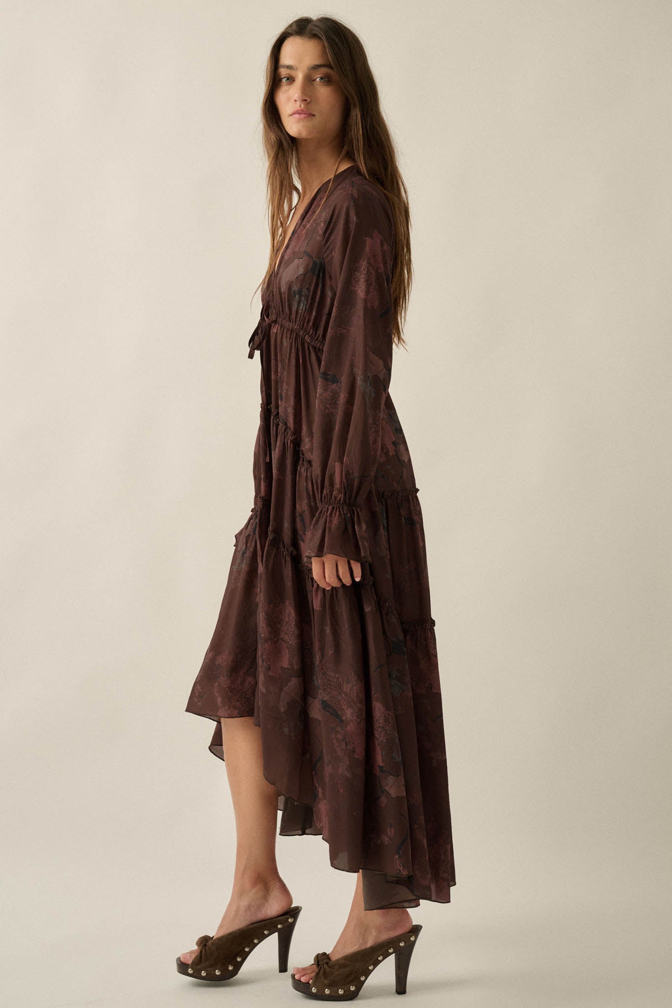 Autumn Storm Floral Chiffon High-Low Midi Dress - ShopPromesa