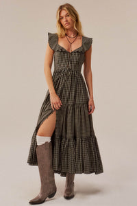Town Square Plaid Flutter-Sleeve Tiered Midi Dress - ShopPromesa