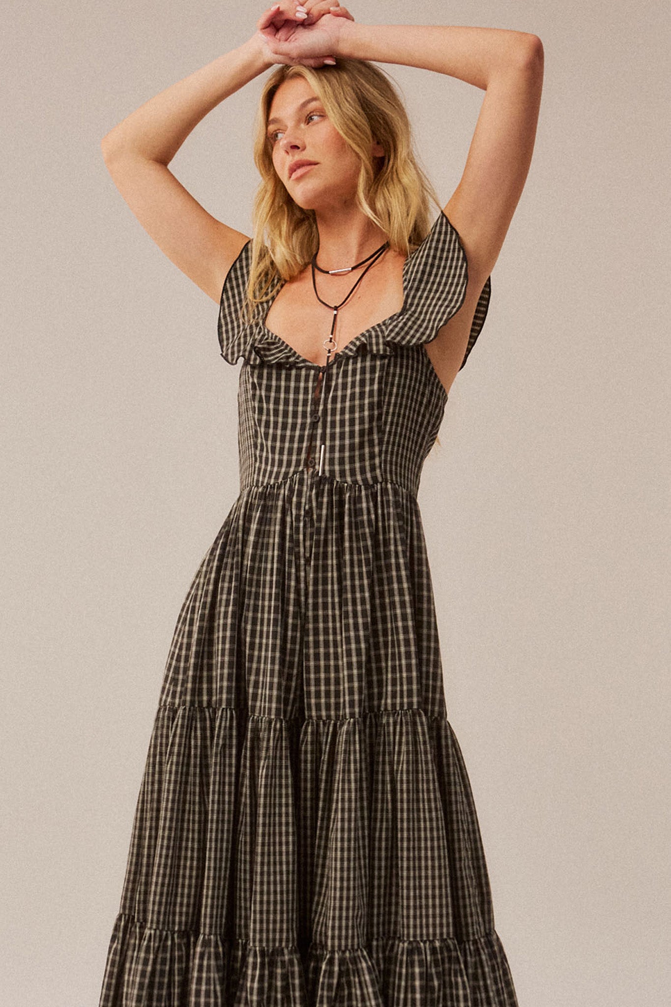 Town Square Plaid Flutter-Sleeve Tiered Midi Dress - ShopPromesa