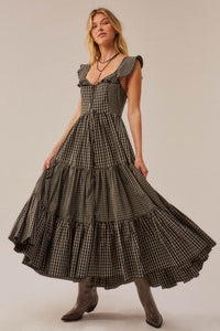 Town Square Plaid Flutter-Sleeve Tiered Midi Dress - ShopPromesa