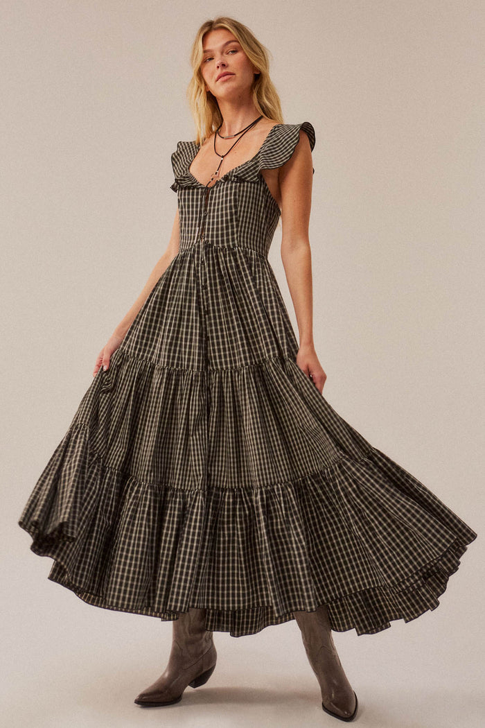 Town Square Plaid Flutter-Sleeve Tiered Midi Dress - ShopPromesa