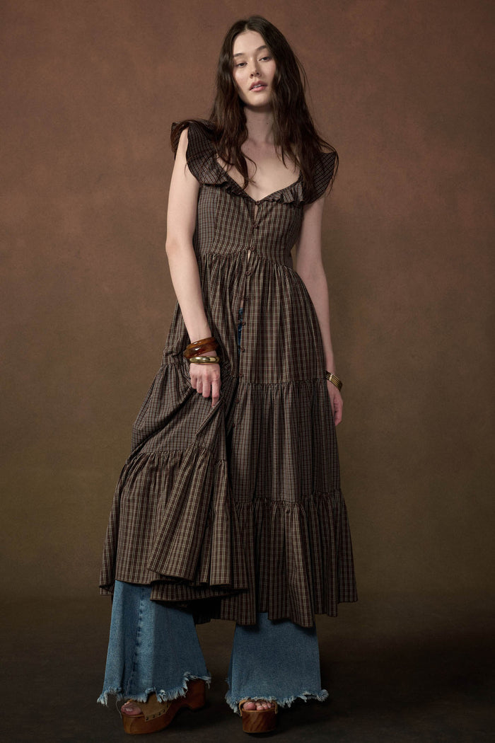 Town Square Plaid Flutter-Sleeve Tiered Midi Dress - ShopPromesa