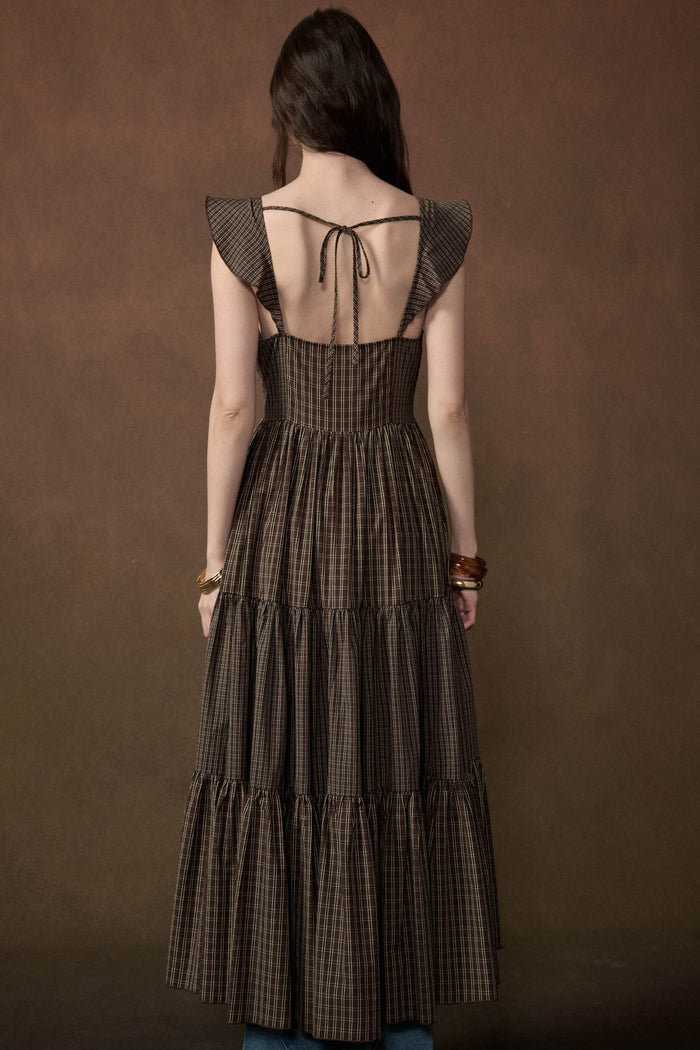 Town Square Plaid Flutter-Sleeve Tiered Midi Dress - ShopPromesa