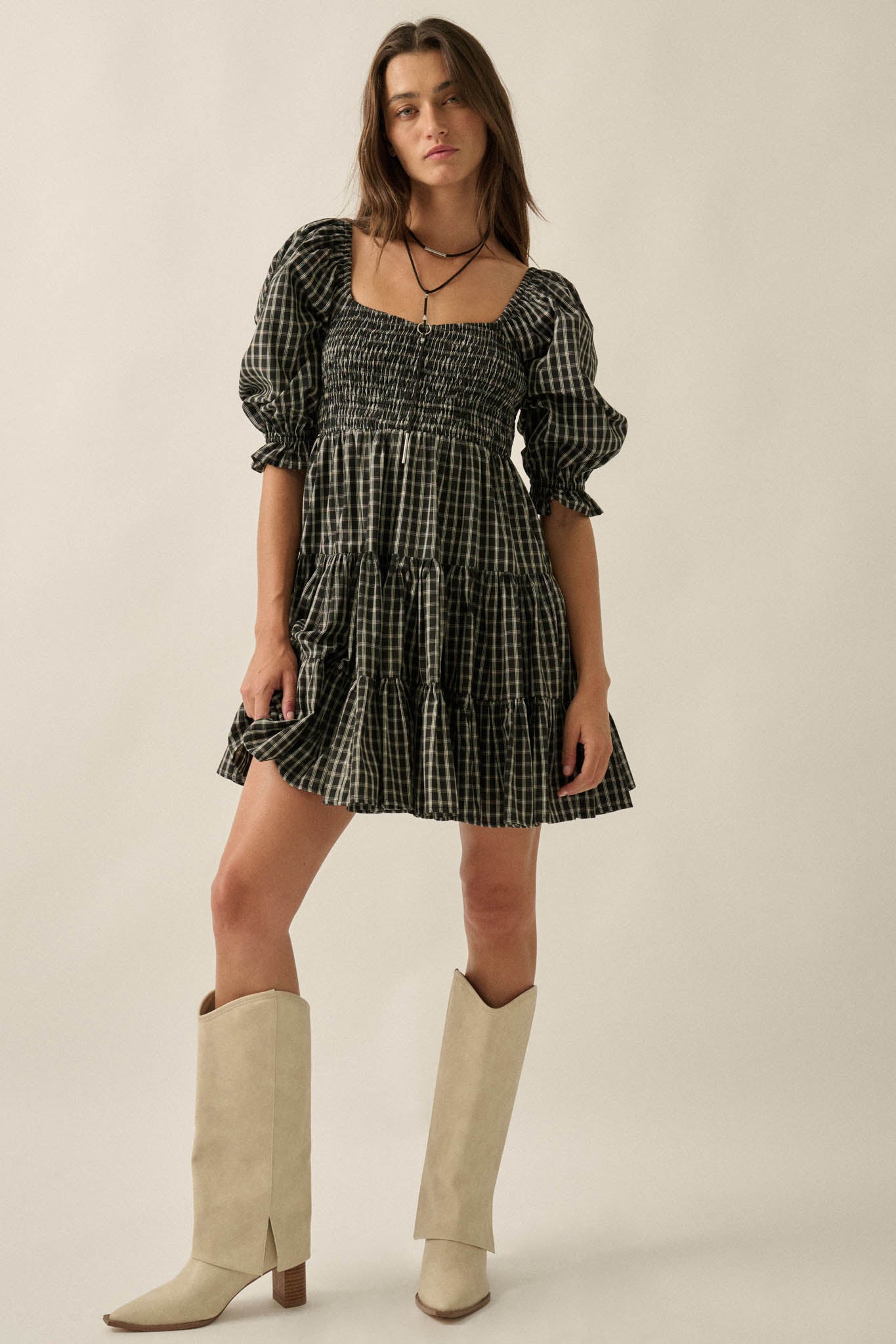 Square Dance Plaid Smocked Puff-Sleeve Mini Dress - ShopPromesa
