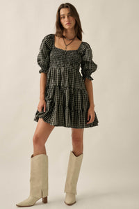Square Dance Plaid Smocked Puff-Sleeve Mini Dress - ShopPromesa