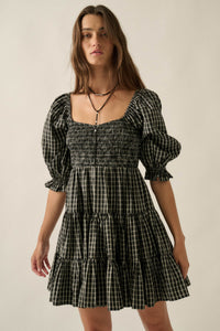 Square Dance Plaid Smocked Puff-Sleeve Mini Dress - ShopPromesa
