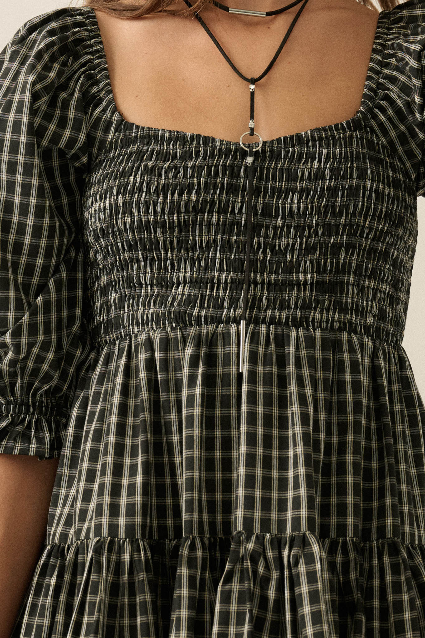 Square Dance Plaid Smocked Puff-Sleeve Mini Dress - ShopPromesa
