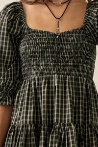 Square Dance Plaid Smocked Puff-Sleeve Mini Dress - ShopPromesa