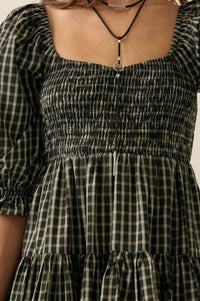 Square Dance Plaid Smocked Puff-Sleeve Mini Dress - ShopPromesa