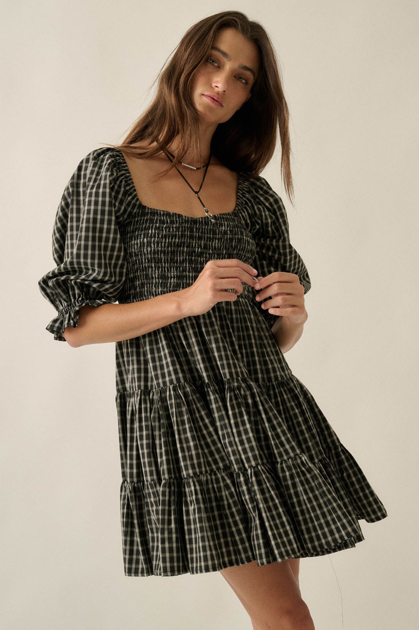 Square Dance Plaid Smocked Puff-Sleeve Mini Dress - ShopPromesa
